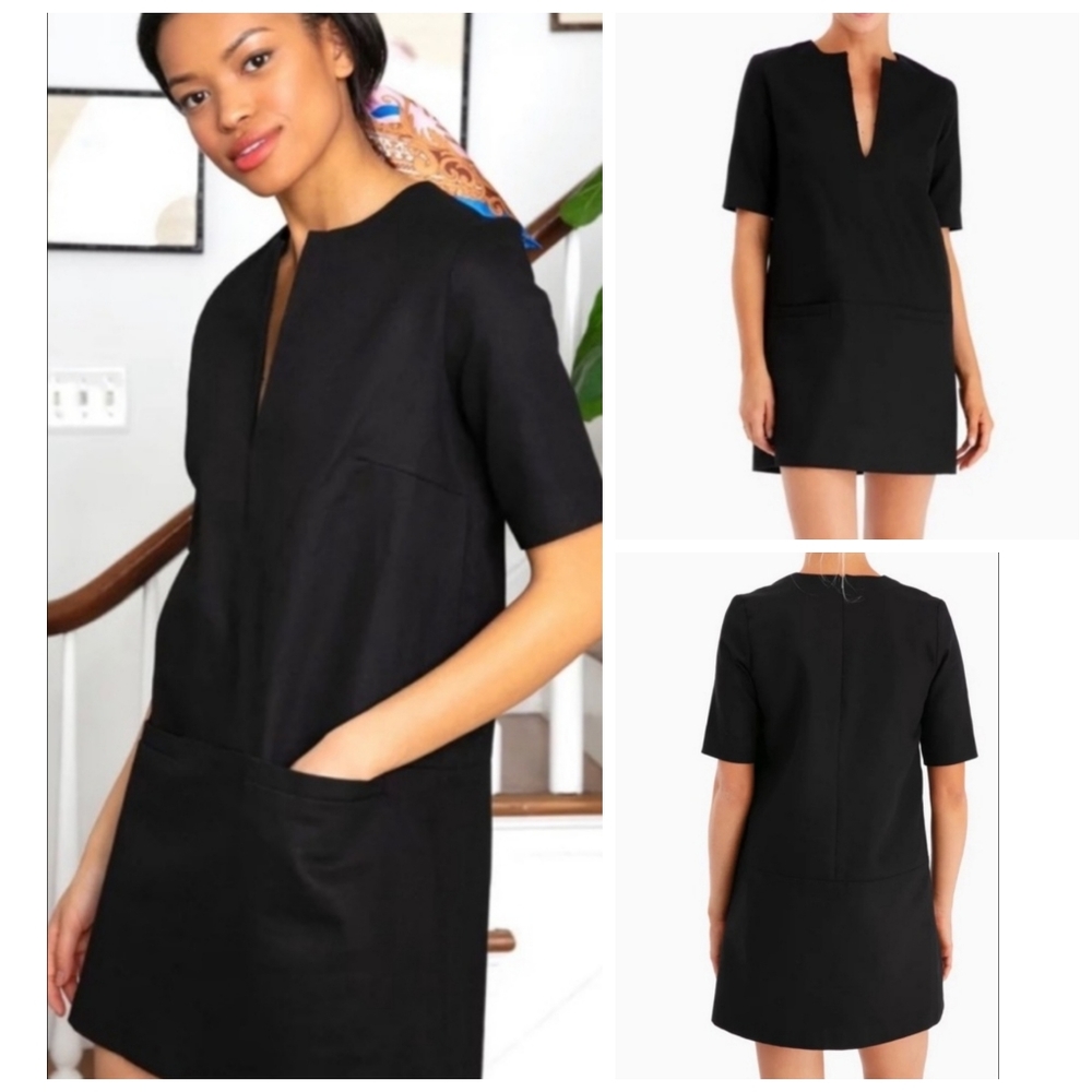 Emerson Fry Black Twill Shift Dress Pockets Minimalist Mod Notched Neck M
